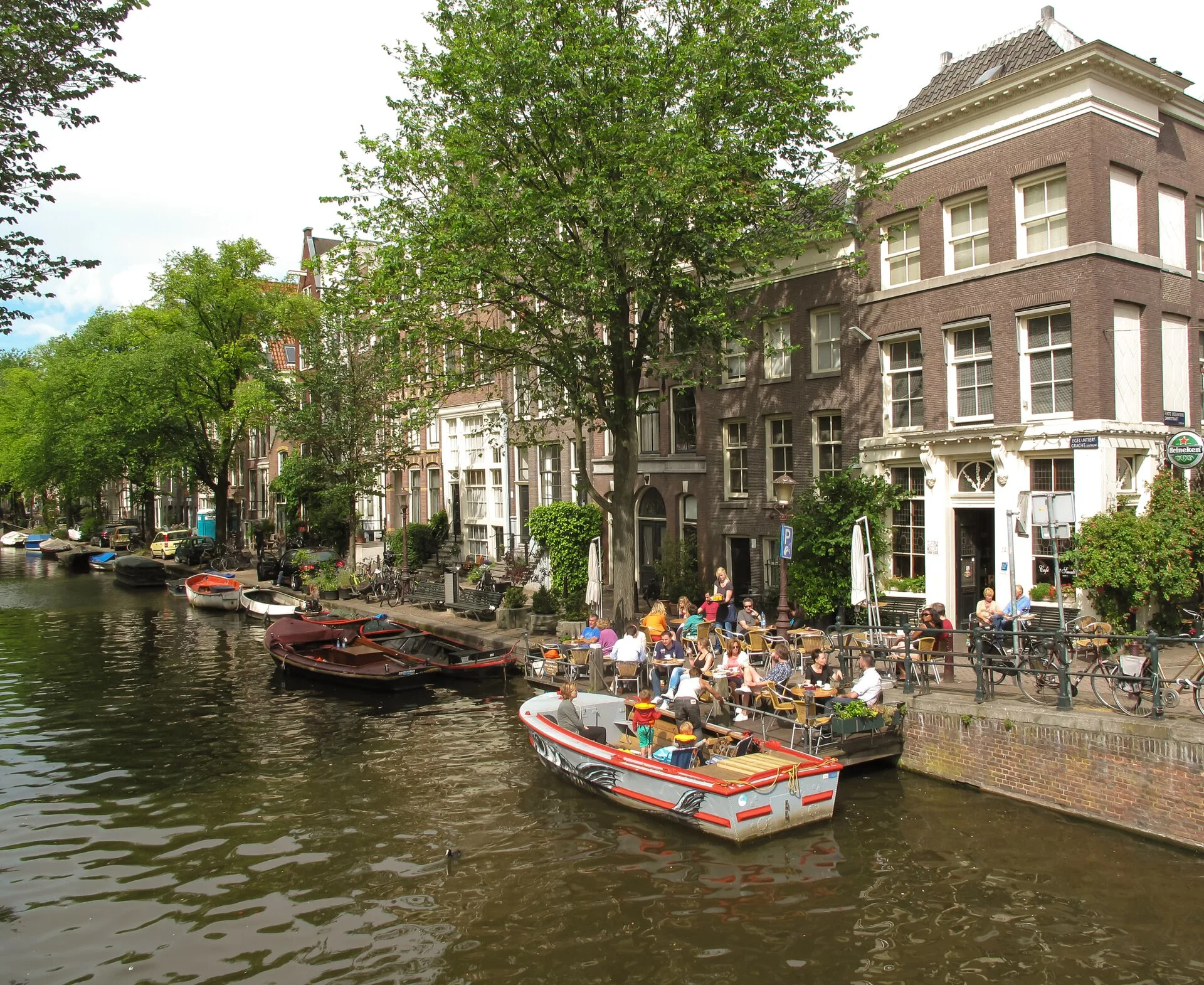 Traditional canal houses along a canal in the Jordaan district of Amsterdam, Netherlands