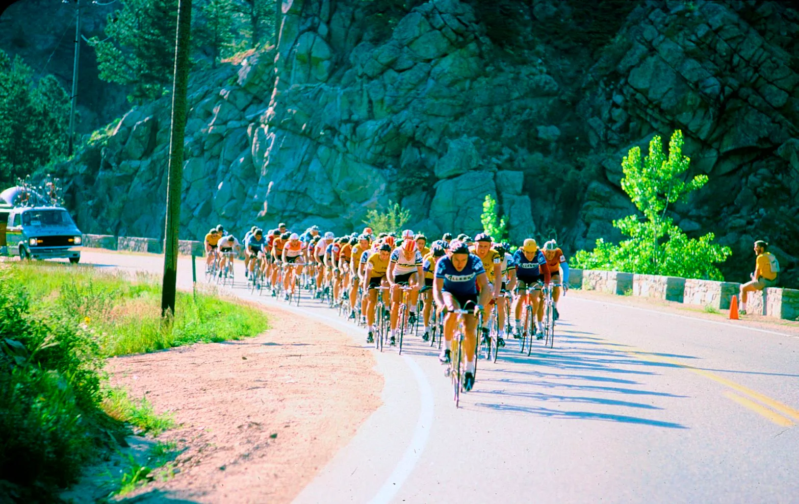 Cyclists racing together in a road cycling event in Boulder, Colorado