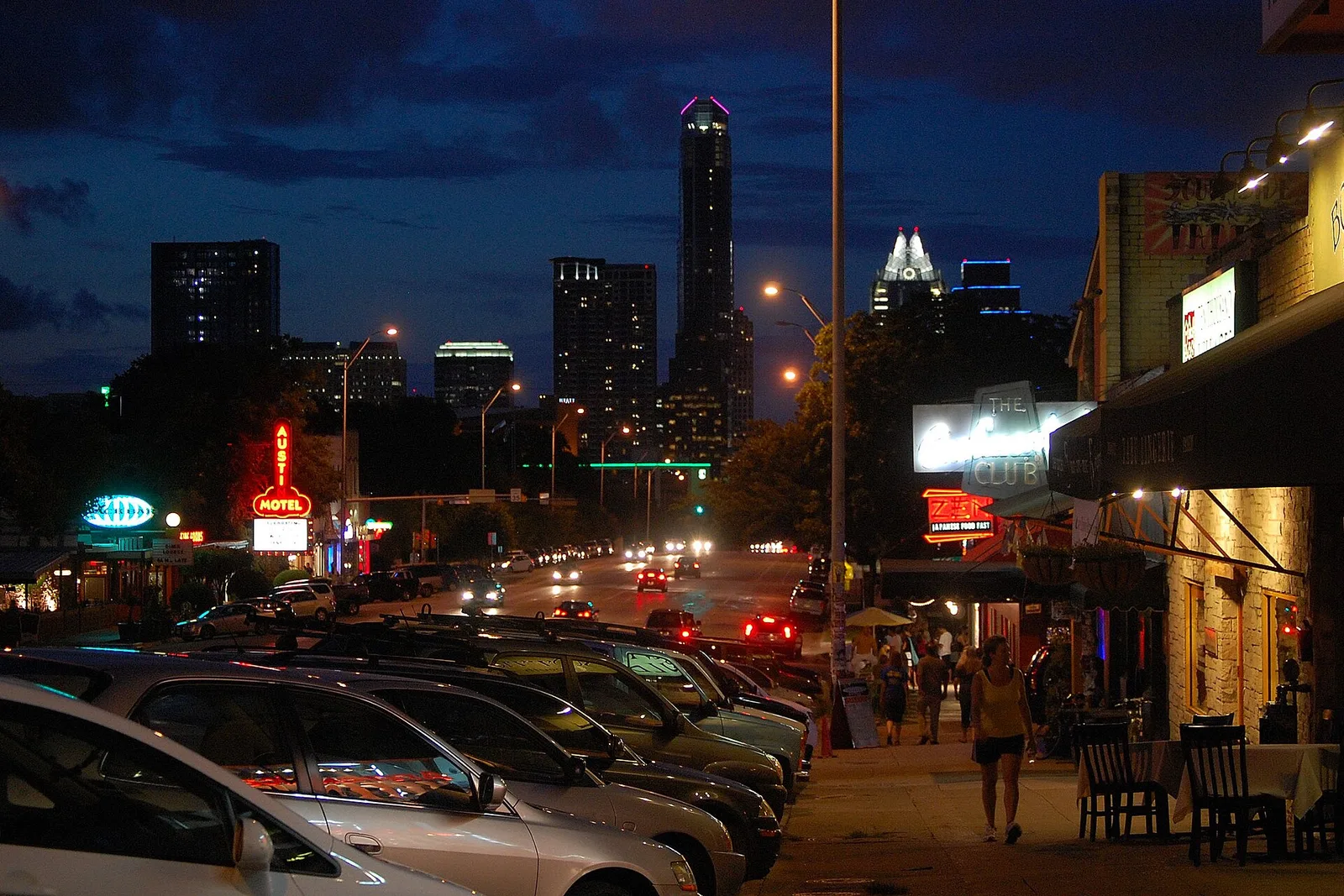 The South Congress district with shops and the downtown skyline behind in Austin, Texas