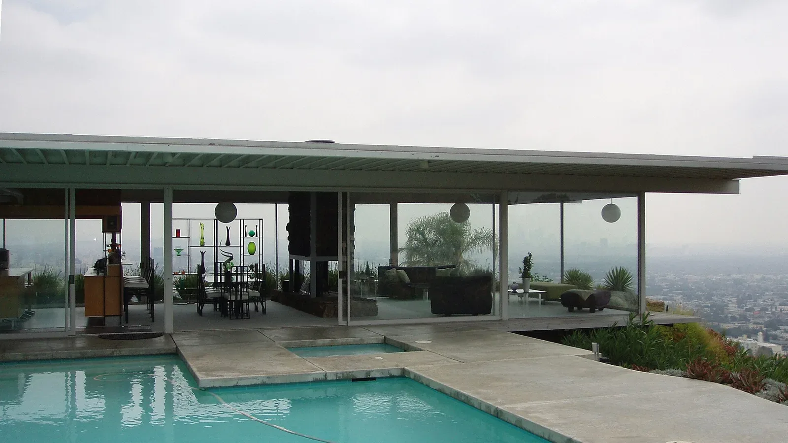 Case Study House No. 22, the Stahl House, a glass-walled mid-century modern home cantilevered over the Los Angeles city lights