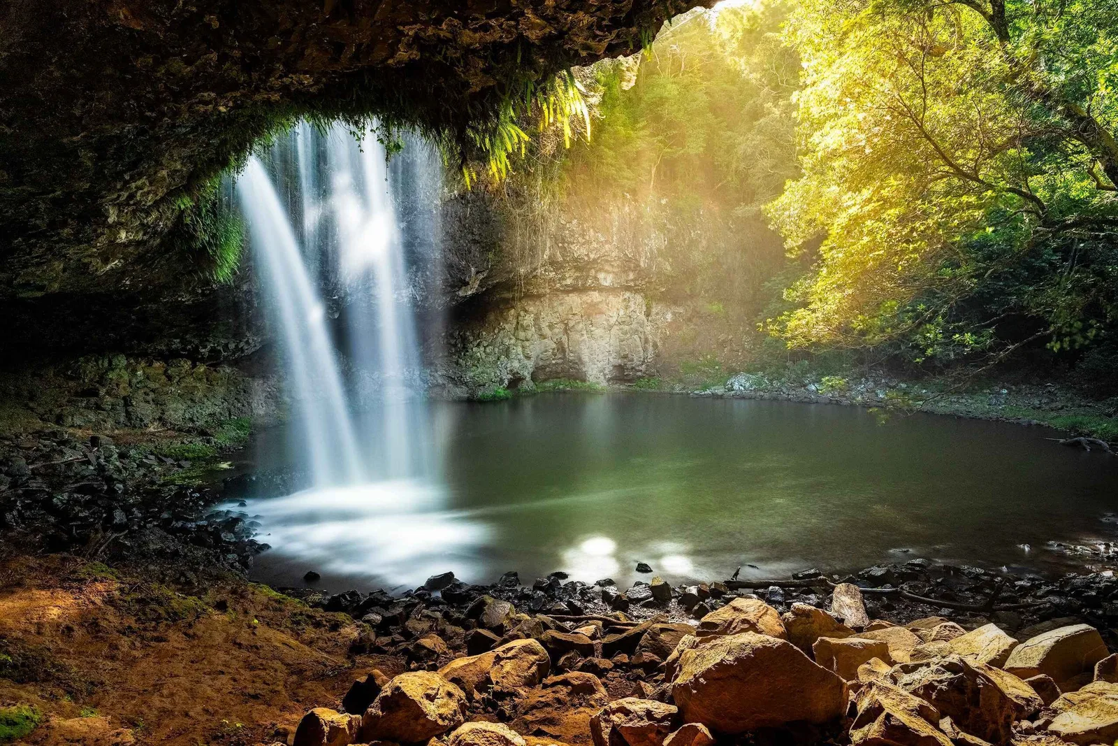 A rainforest waterfall cascading into a still green pool backlit by golden light in the Byron Bay hinterland, Australia