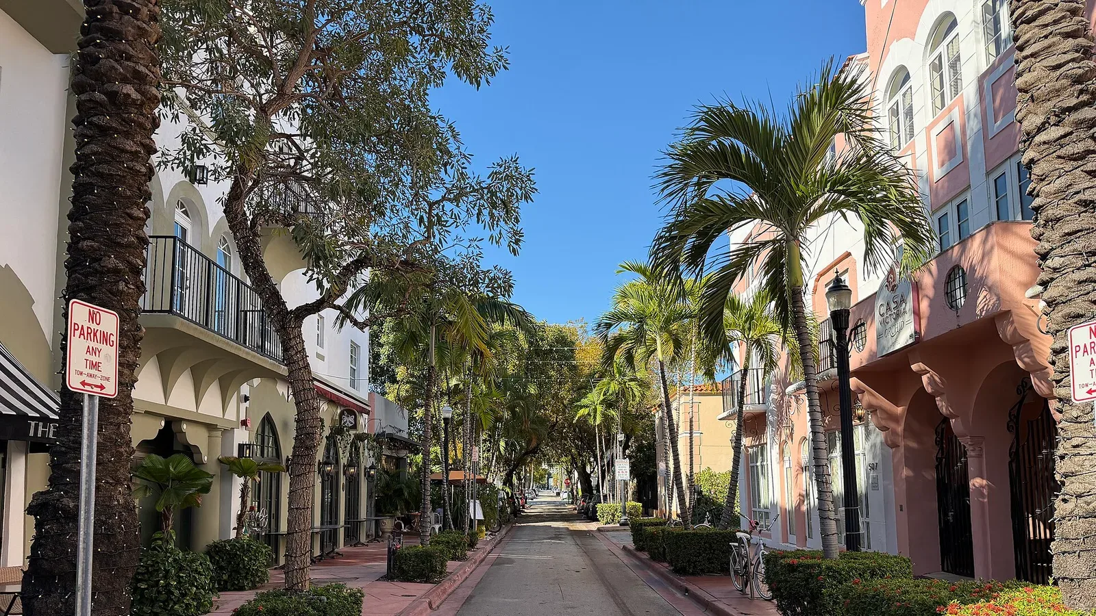 Palm-lined Española Way in Miami Beach, a stylish walkable art-deco street popular with young urban professionals